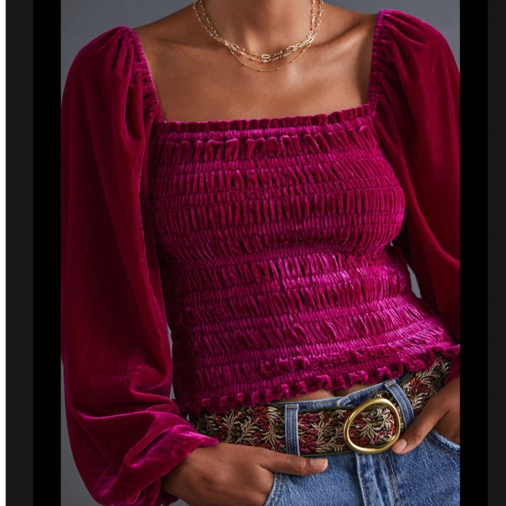 Anthropologie Puff-Sleeved Velvet Blouse | magenta | small